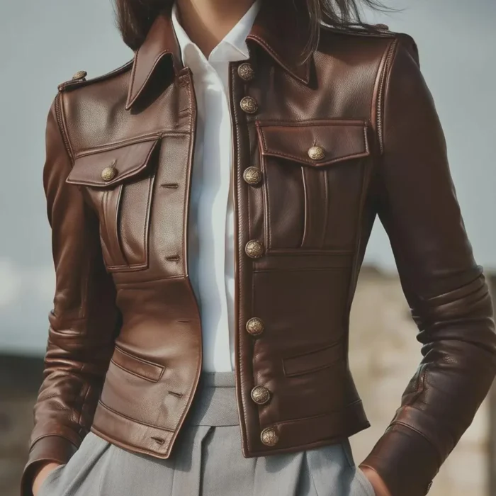 Brown Military Style Leather Jacket – Tailored Blazer Coat with Gold Buttons