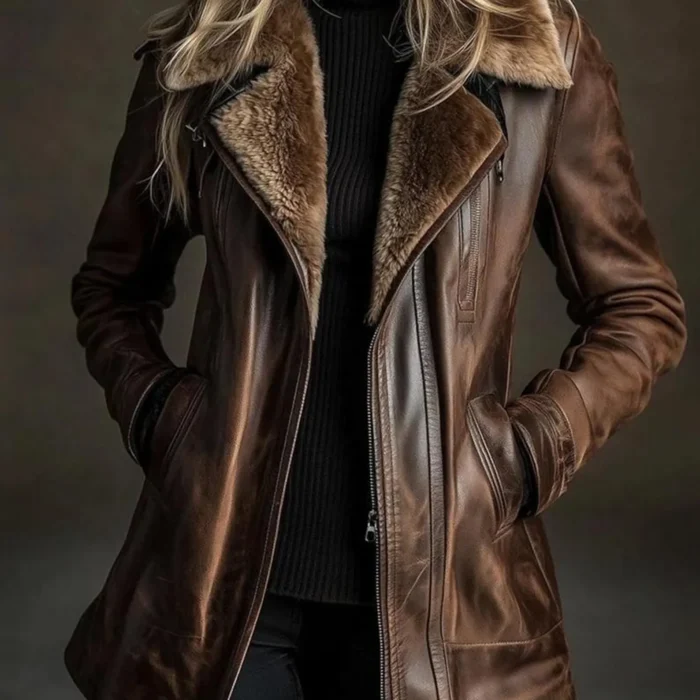 Women’s Brown Shearling Real Leather Jacket Handmade Long Fit Winter Coat with Fur Collar