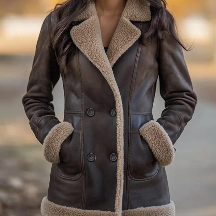 Women's Handmade Real Sheepskin Shearling Coat Brown Leather Double-Breasted Trench Coat