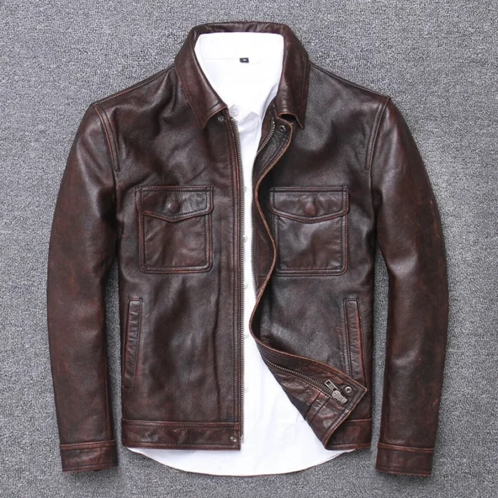 Handmade Brown Leather Biker Jacket: Slim Fit Bomber, XS-3XL
