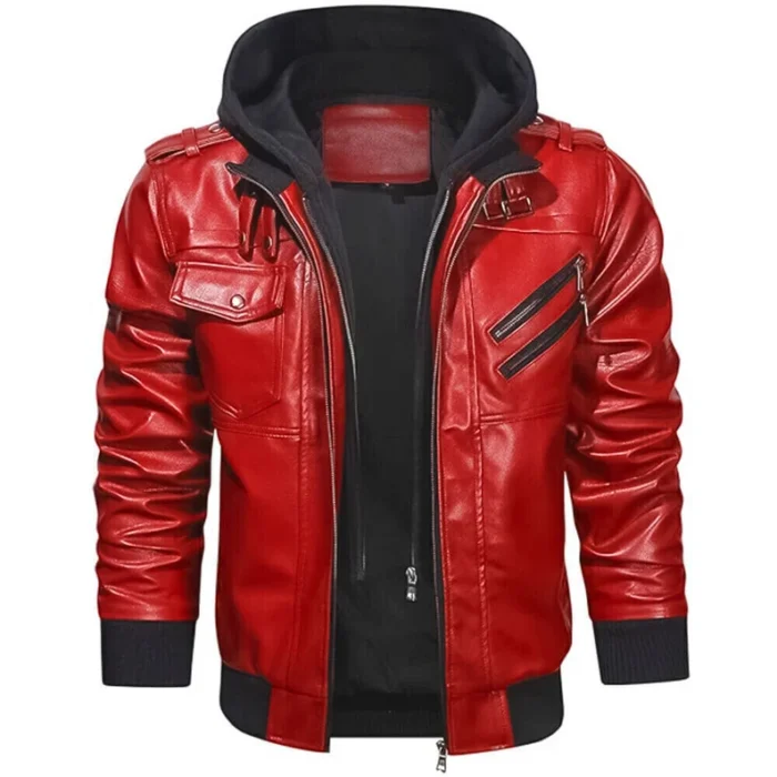 Mens Real Leather Biker Jacket: Motorcycle Style, Removable Hood