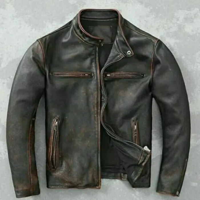 Handmade Distressed Black Leather Biker Jacket: Vintage Cafe Racer