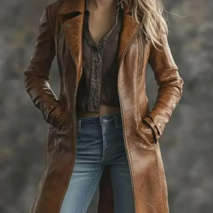 Women’s Vintage Brown Leather Trench Coat Classic Long Jacket By Virkocrafts