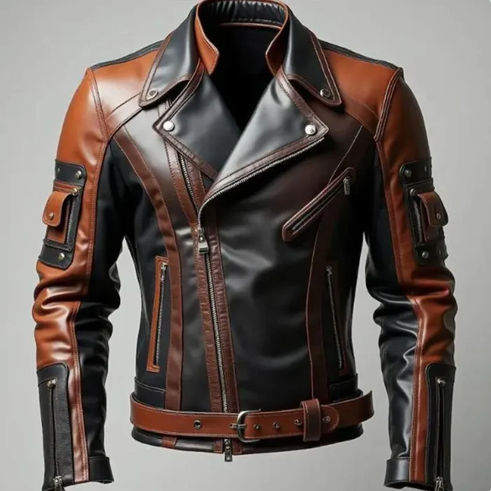 Handmade Brown and Black Leather Biker Jacket